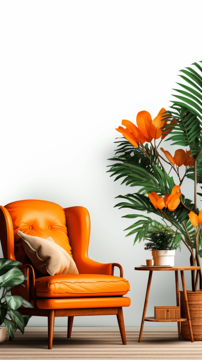 create an empty room with orange armchair, side table and green plants, white background, high resolution photography, realistic, detailed