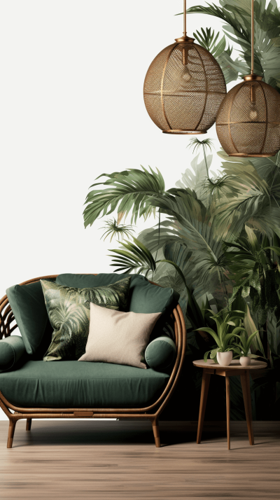 An elegant green couch with rattan and tropical plants in the background, with two small side tables and hanging lamps, in the style of hyper realistic and photorealistic art, high resolution with high details, interior design in a boho style, on a white wall, interior photography mockup with a perspective view of a living room giving tropical vibes, like a product shot.