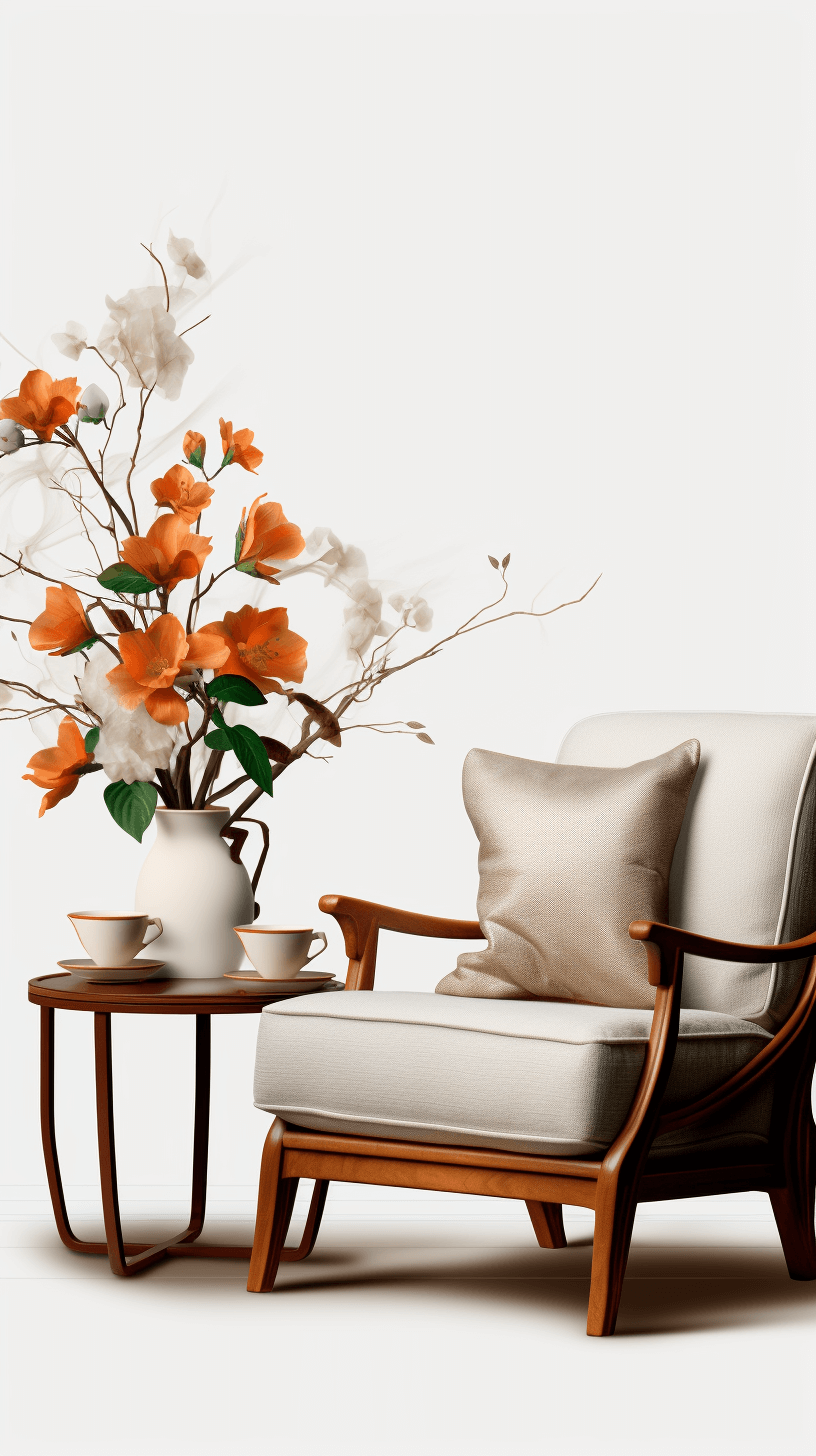 A white and orange flower arrangement on an armchair with coffee table, chinese style, simple background, 3d rendering, high resolution photography, high quality details, high definition, high resolution, high detail, professional color grading, soft shadows