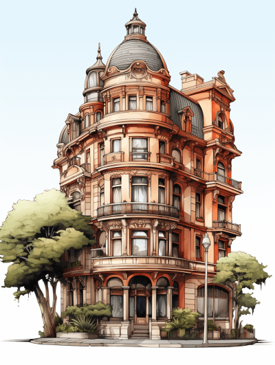 A beautiful detailed illustration of an old building in the style of a children's book illustrator, with meticulous linework and precision. Art nouveau-inspired illustrations with light brown and red colors in a cartoon realism and storybook-like, whimsical fantasy style on a white background. A 2D game design asset in the Pixar style, with high resolution, sharp focus, and a studio photo quality.