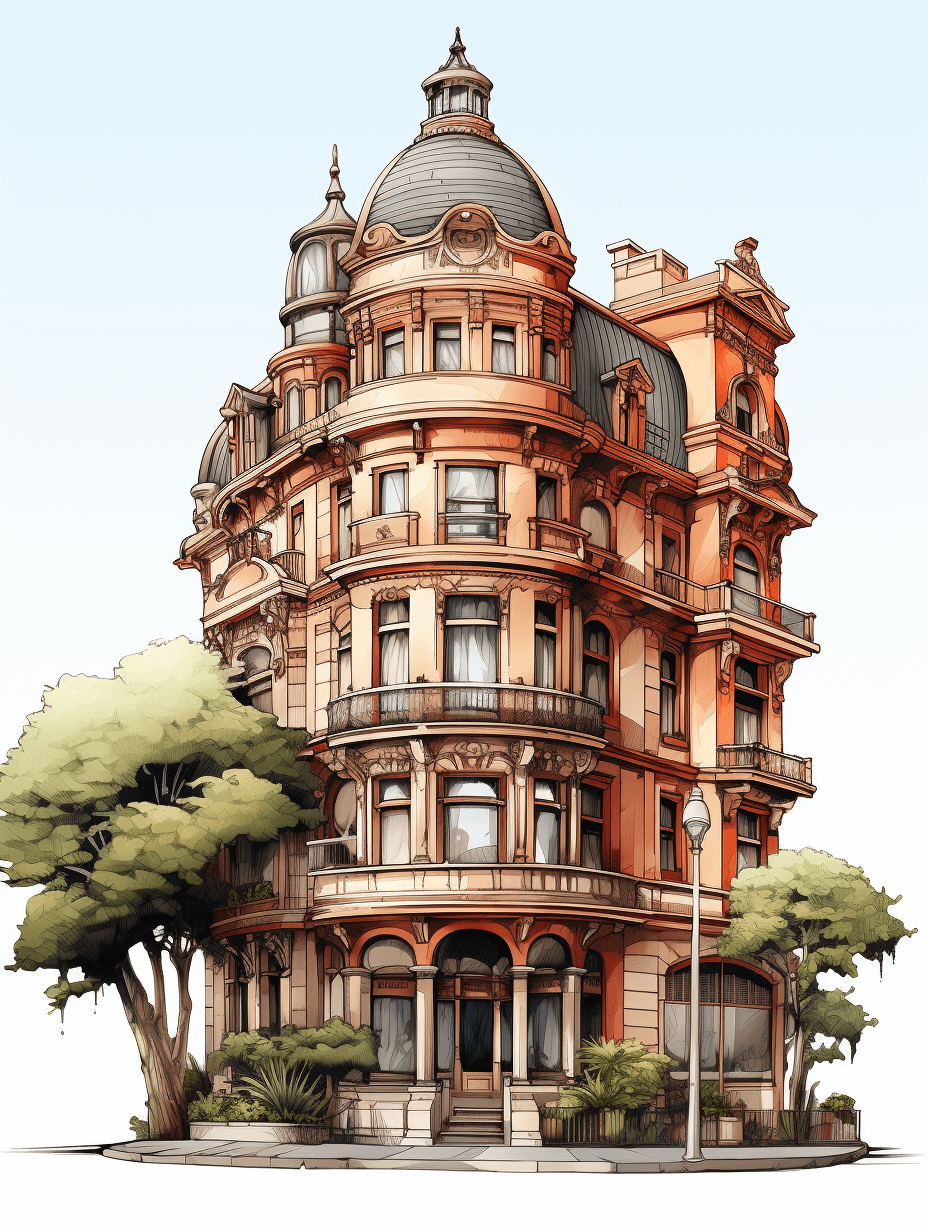 A beautiful detailed illustration of an old building in the style of a children’s book illustrator, with meticulous linework and precision. Art nouveau-inspired illustrations with light brown and red colors in a cartoon realism and storybook-like, whimsical fantasy style on a white background. A 2D game design asset in the Pixar style, with high resolution, sharp focus, and a studio photo quality.