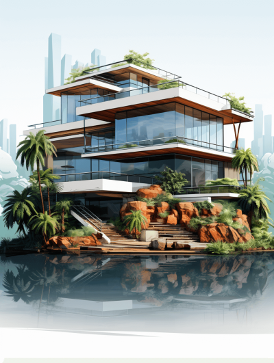 A modern house on an island in the middle of Dubai, surrounded by water and with palm trees, with lots of glass windows and steel details. There is also some rocks around it, in the style of a realistic cartoon with bright colors, vector art, high resolution, high definition, high quality, high contrast, high detail. The render uses octane with hyperrealistic, hyperdetailed focus and a hyperblue background.