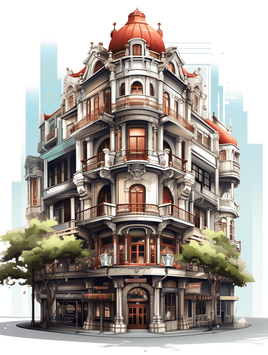 art nouveau style building with 3 floors, front view, concept art cartoon digital painting, game design illustration, detailed, high resolution, white background