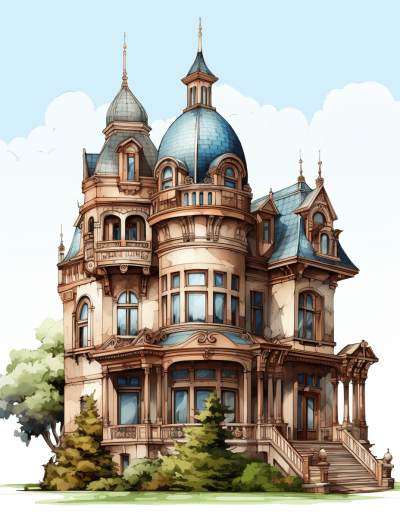 A cartoon Victorian mansion with gothic elements and domes, drawn in the style of [Studio Ghibli](https://goo.gl/search?artist%20Studio%20Ghibli).