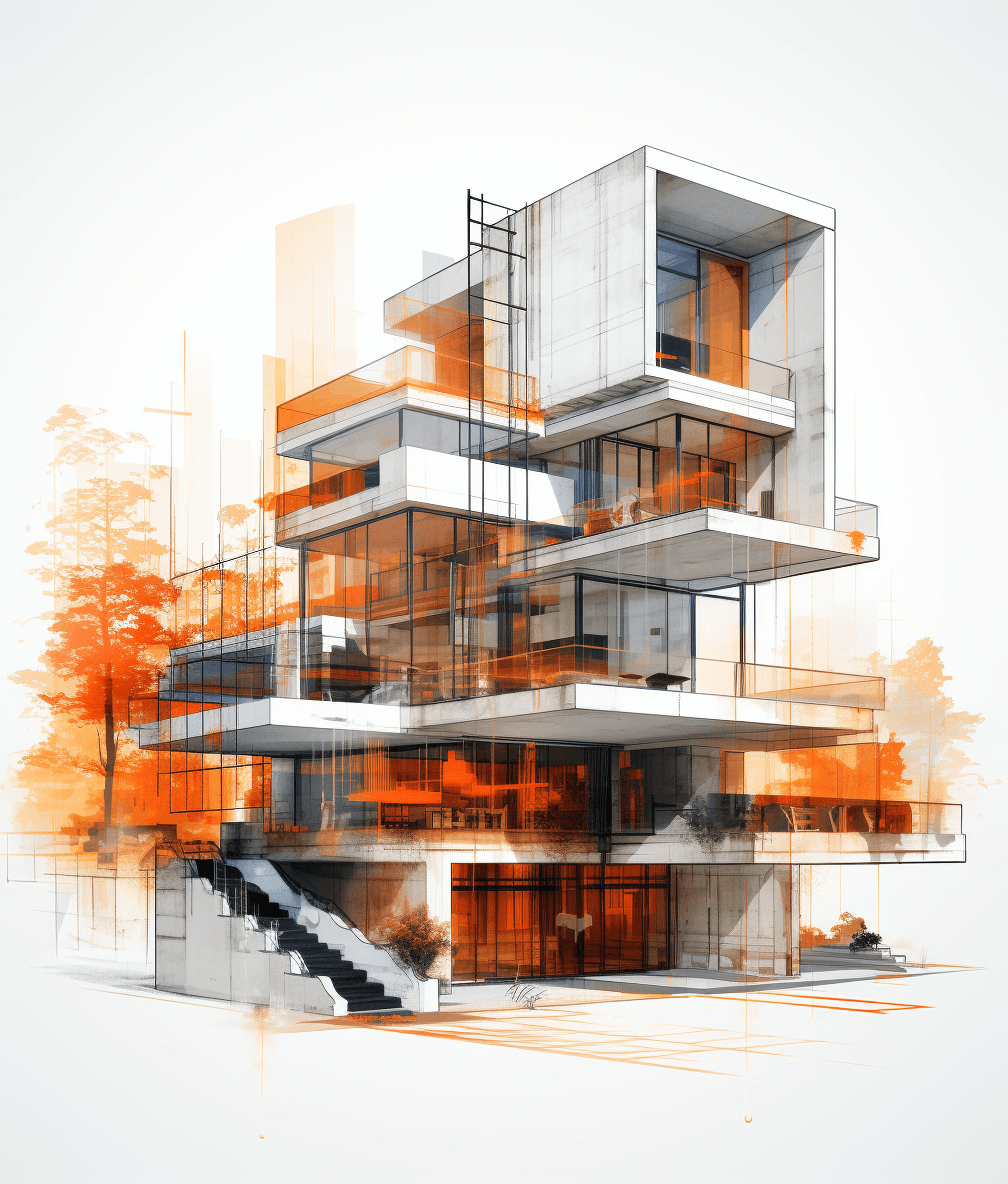 An architectural sketch of an urban house with multiple floors, white background, orange color details, digital art style in the style of cool tones, modern architecture design, complex structure.