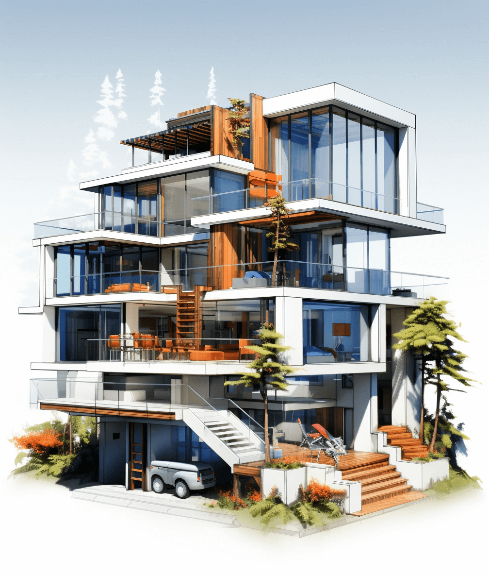 modern house with three floors, architectural design, perspective view, in the style of illustration, trees and plants around the building, electric car charging in a parking space at the ground floor, stairs to a second story terrace, warm colors, white background, high resolution, high detail, high quality