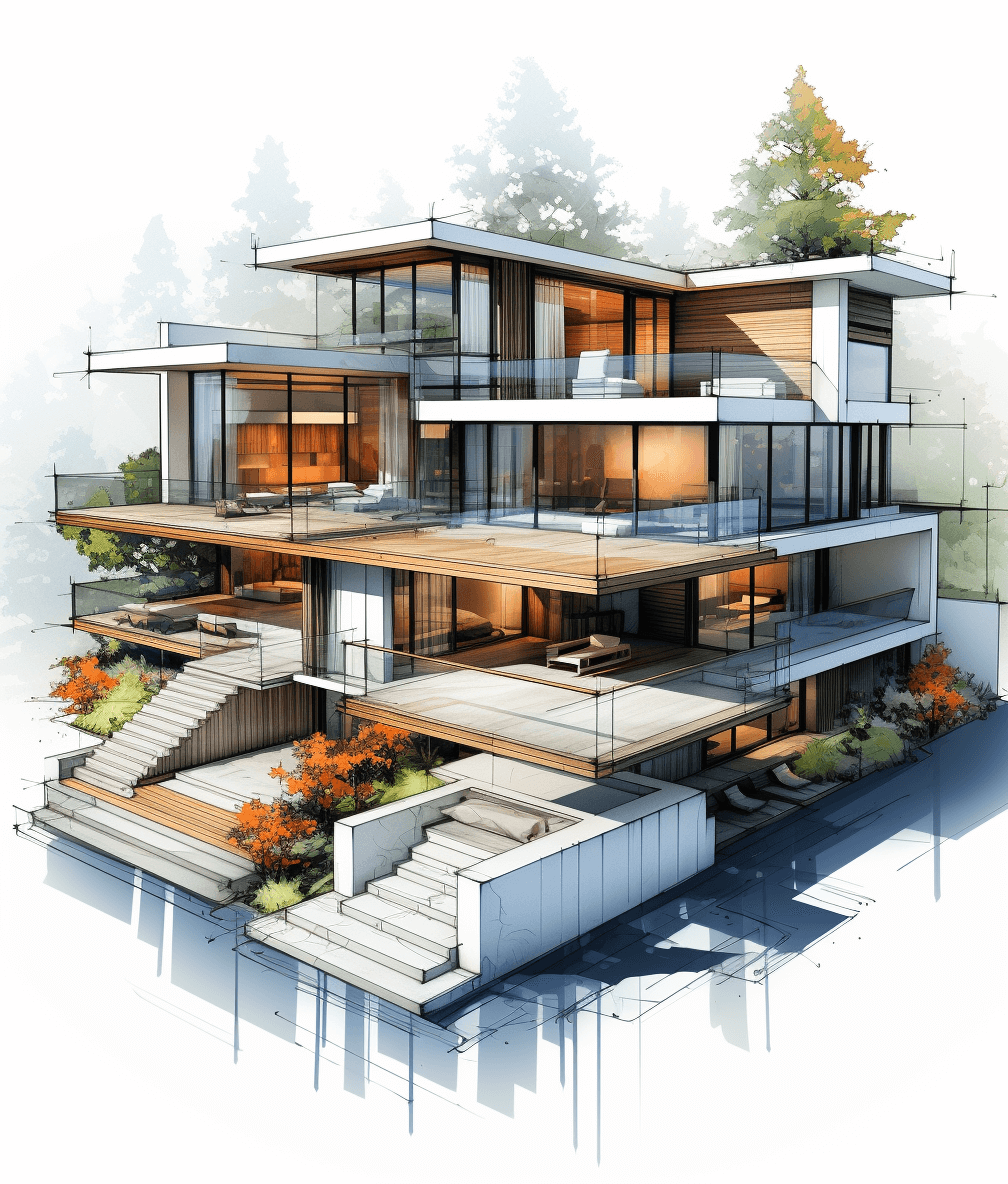 A detailed and realistic architectural drawing of an elegant modern mansion with multiple floors, featuring glass walls, concrete accents, wooden elements, terraces, landscaping, trees, plants, a white background, architectural design style, and detailed blueprints for construction.,