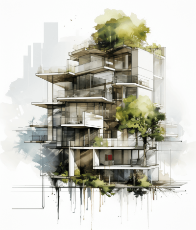 A modern architectural sketch of an apartment building in the style of minimalistic pen and watercolor wash with ink outlines. An urban jungle setting with trees growing on balconies against a white background with green accents.