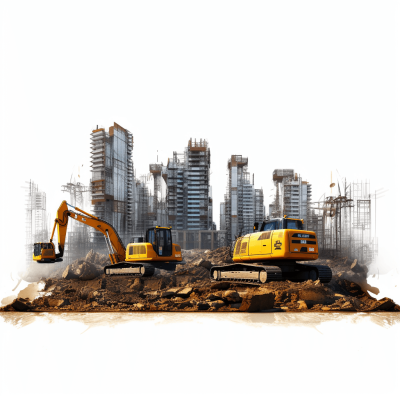 Generate an illustration of construction machinery working on the site, with city buildings in the background, on a white background, as a high resolution photographic style image, with high quality photo realistic rendering, on an isolated white background, in png transparent format.