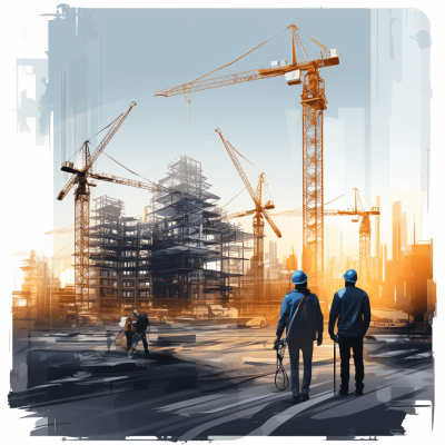 Illustration of two construction workers walking on the site, with cranes and buildings under construction in background. The scene is bathed in warm sunlight, creating an atmosphere that reflects focus amidst chaos. A digital painting with soft brush strokes adds texture to their expressions and  details.