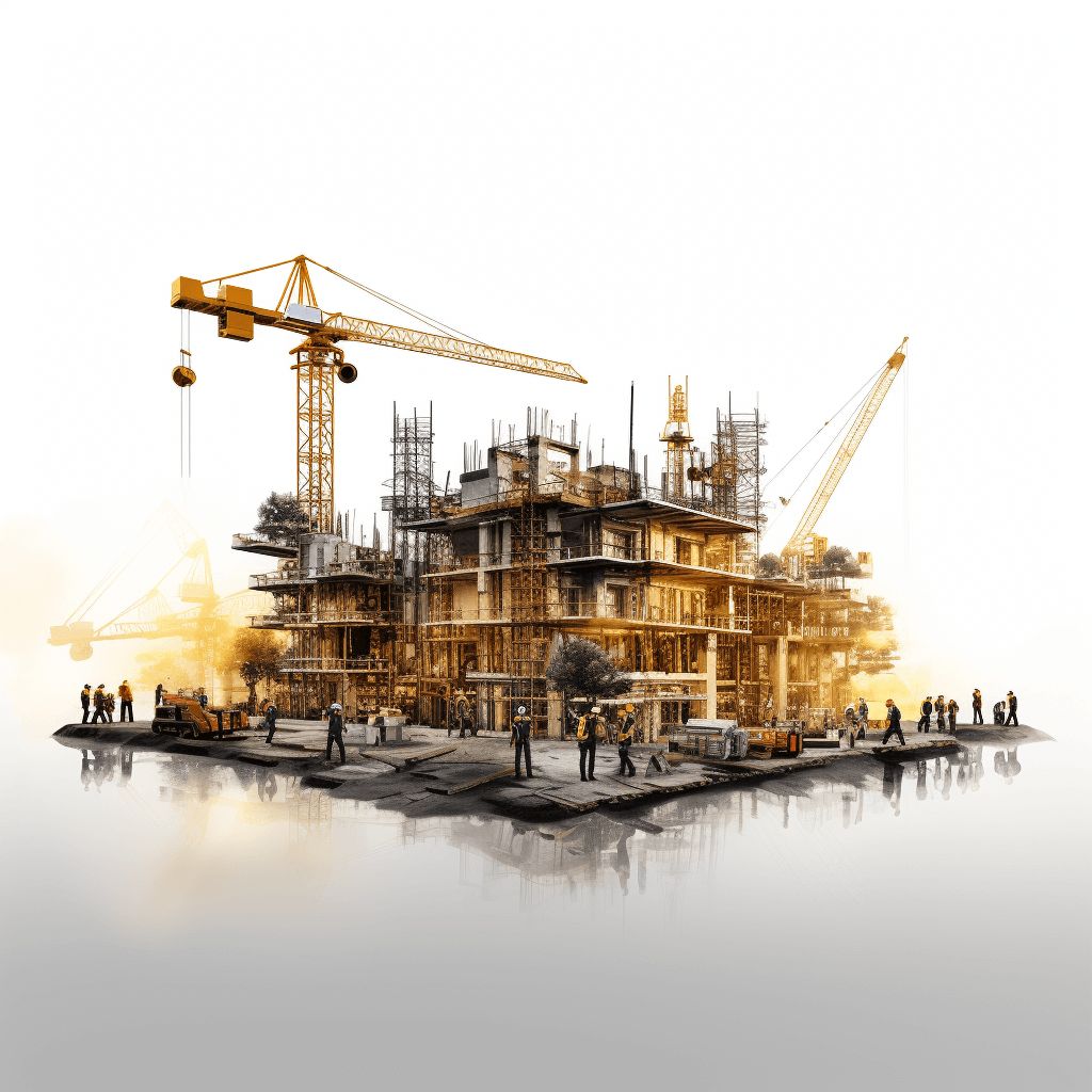 Generate an ultrarealistic illustration of construction site with cranes, workers and building under constatism in golden color on white background. Use high resolution digital rendering techniques to create intricate details and depth. The composition should convey the dynamic energy of construction. White background, isolated,