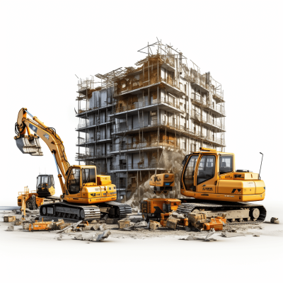 A building under construction with several yellow excavators around it, on a white background, in a 3D rendering style, realistic and detailed renderings, of high resolution, in a professional photography style, with studio lighting, in sharp focus, with high detail.