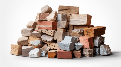 Pile of various wood blocks and bricks isolated on white background, photo realistic, high resolution photography, high quality