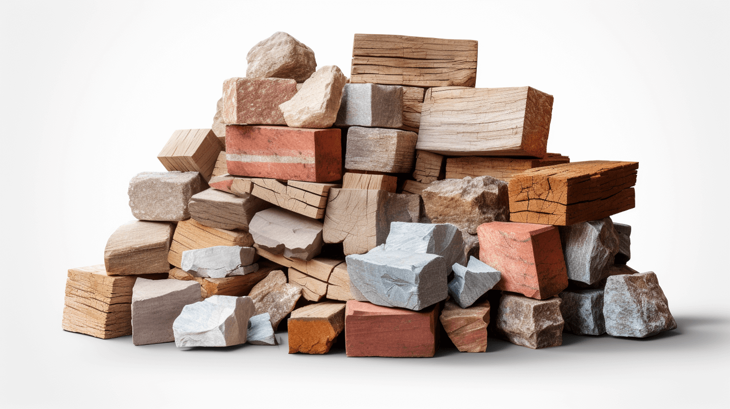 Pile of various wood blocks and bricks isolated on white background, photo realistic, high resolution photography, high quality