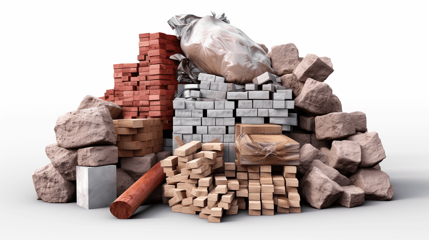 A pile of construction materials, bricks and cement bags, sledgehammer, wood planks, red broken brick walls, gray rocks, white background, 3D rendering, high resolution photography, professional color grading, soft shadows, no contrast, clean sharp focus, digital photography