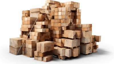 3D rendering of wood blocks stacked on top of each other with a white background. The wooden pieces have different sizes and shapes, creating an abstract composition that resembles the construction or structure of something solid but complex. In one corner there are also some wood planks that could be used for crafting. A person can be seen holding onto a long stick which adds to the dynamic feel of the scene. This design gives off feelings like playfulness and creativity in the style of an abstract artist.