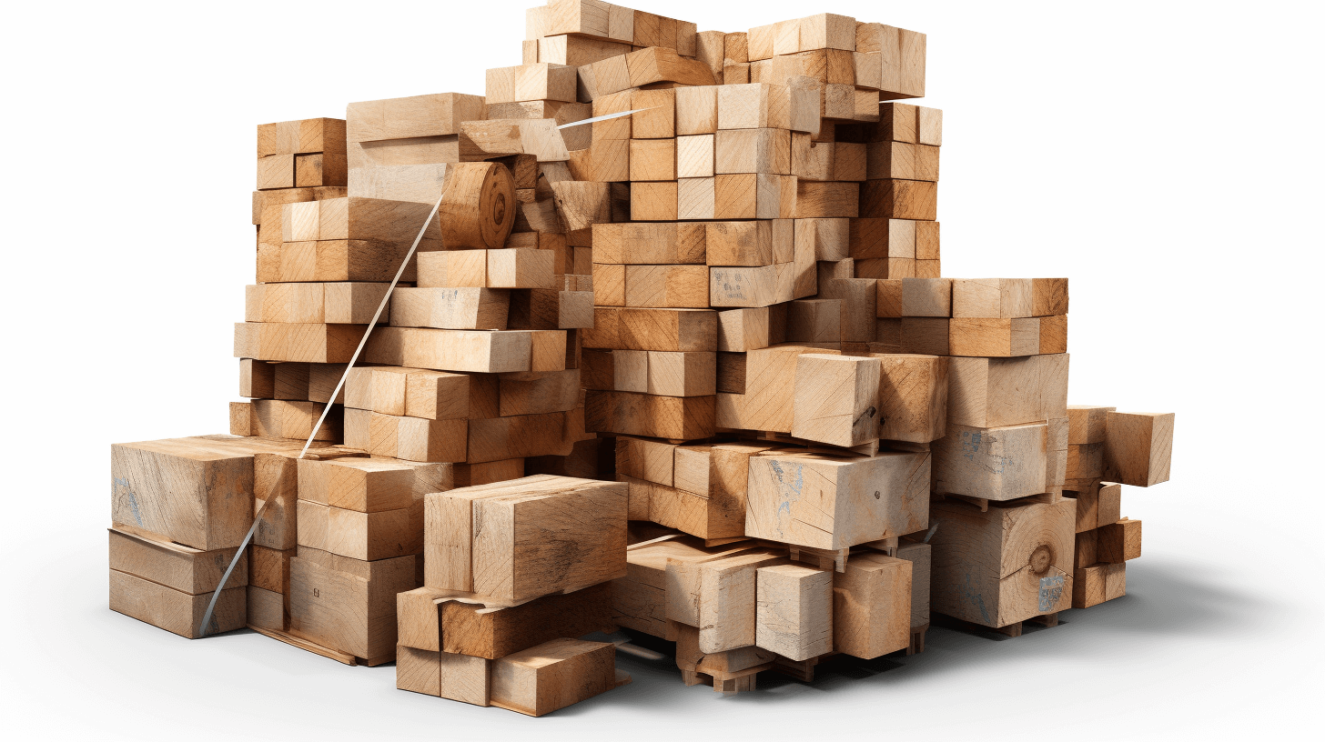 3D rendering of wood blocks stacked on top of each other with a white background. The wooden pieces have different sizes and shapes, creating an abstract composition that resembles the construction or structure of something solid but complex. In one corner there are also some wood planks that could be used for crafting. A person can be seen holding onto a long stick which adds to the dynamic feel of the scene. This design gives off feelings like playfulness and creativity in the style of an abstract artist.