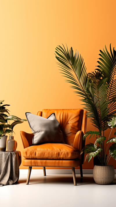 A stylish orange leather armchair in the center of an empty room with a potted plant and palm leaves, creating a warm atmosphere, photorealistic, high resolution, high detail, hyper realistic, professional color grading, soft shadows, clean sharp focus, minimalist, octane render, depth of field, cinema photography, beautiful colors,