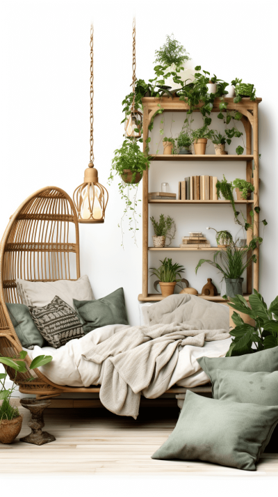 Create an inviting bohostyle bedroom with wooden accents, a hanging chair made of rattan and natural wood, lots of plants, green pillows, soft linens, a bookshelf filled with various books, and a small reading light., focus on the left side, white background, photorealistic