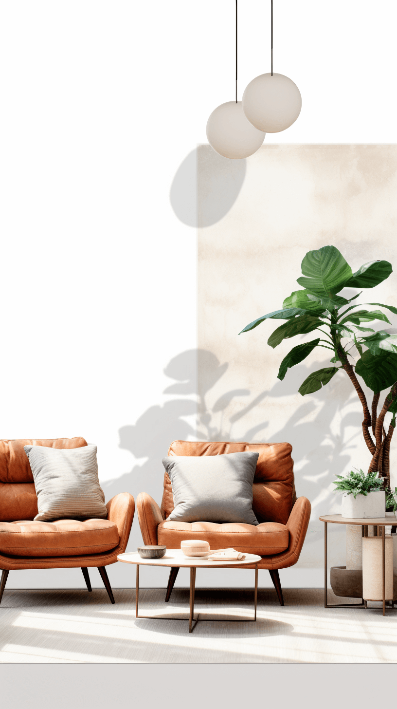 3D render of a modern living room with two leather armchairs and a coffee table on a white background with plants, a minimalist interior design of a home in a Scandinavian style, a warm color palette, sunlight, soft shadows, light orange and beige colors, simple and minimalistic with no text or logo, in the style of a modern interior designer.