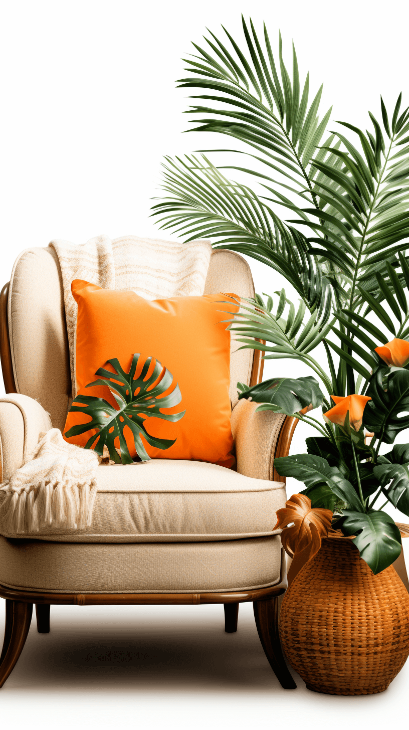 A stylish armchair with an orange cushion and green palm leaves on it, white background, in front of the chair there is a large vase containing several plants, real photo style, bright colors, studio lighting, soft shadows, no contrast, sharp focus, detailed illustration, high resolution photography, insanely intricate details, hyperdetailed, hyperrealistic, natural light, professional color grading, cinematic angle,