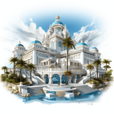 A white palace with blue domes and palm trees, surrounded by water features, in the background is a bright sky, in the style of digital art, detailed architecture, fantasy game concept design, high resolution, no border, white isolated background.