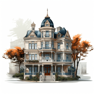 A detailed illustration of an elegant Victorian-style mansion, showcasing intricate architectural details and ornate windows. The house is set against the backdrop of San Francisco's vibrant streetscape, with trees in autumn colors adding to its charm. White background, vector style, digital art.