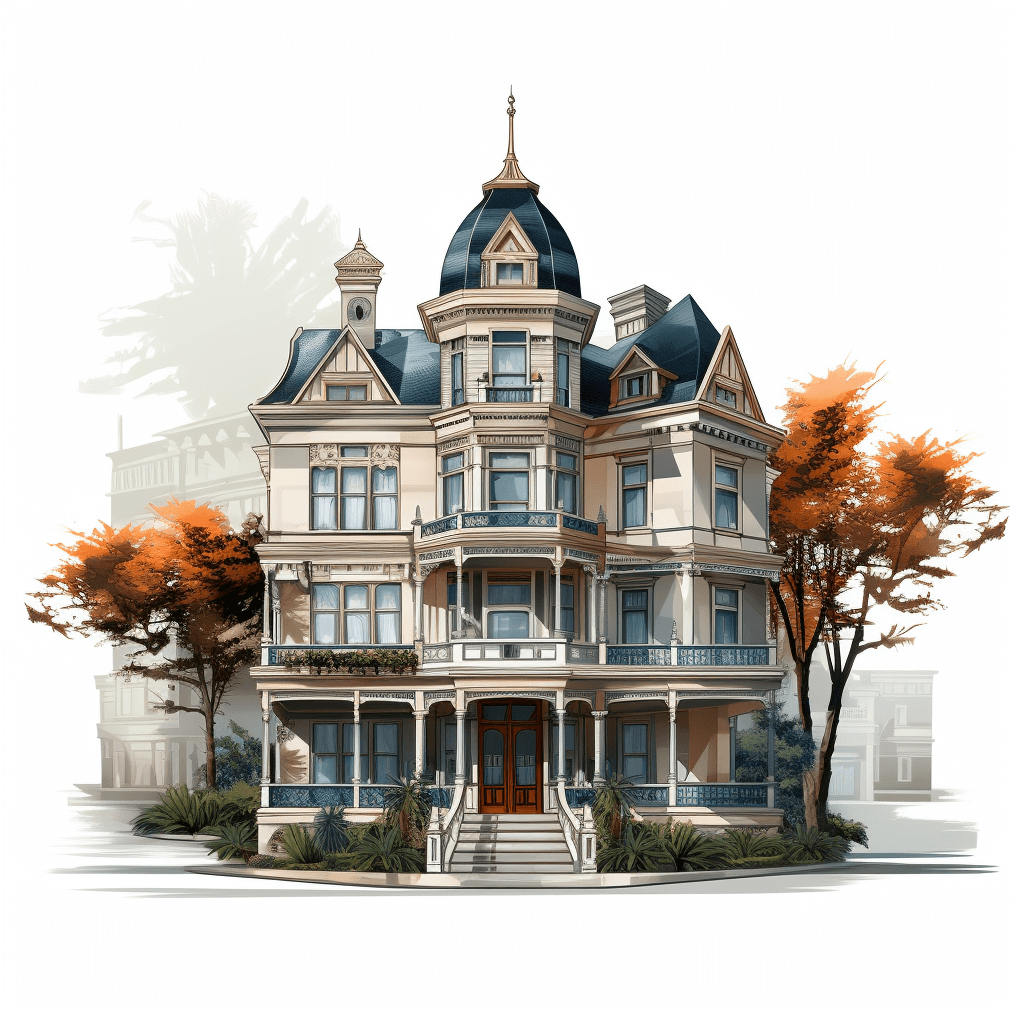 A detailed illustration of an elegant Victorian-style mansion, showcasing intricate architectural details and ornate windows. The house is set against the backdrop of San Francisco’s vibrant streetscape, with trees in autumn colors adding to its charm. White background, vector style, digital art.