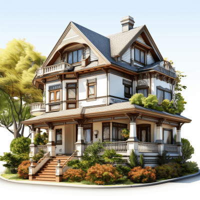 3D rendering of a Victorian style house with white walls and brown trim, showing a detailed front view, decorated with plants and flowers, featuring realistic lighting, soft shadows, high resolution, and highly intricate details in sharp focus, with professional color grading, isolated on a white background.