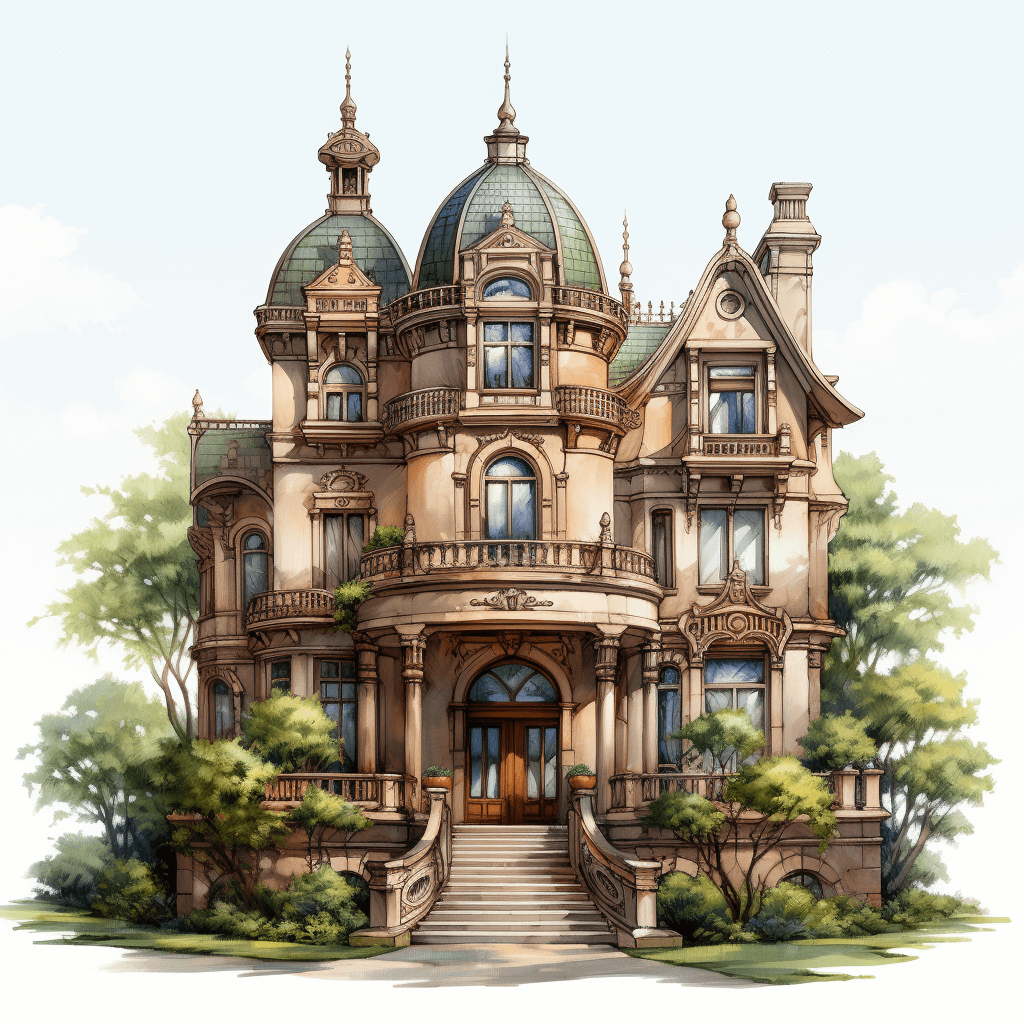 illustration of an old Victorian mansion, fantasy house in the style of [Magali Villeneuve](https://goo.gl/search?artist%20Magali%20Villeneuve), detailed architecture with many windows and balconies, small front yard, watercolor illustration, white background, concept art by [Craig Mullins](https://goo.gl/search?artist%20Craig%20Mullins), 2D game asset