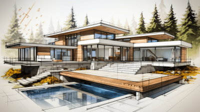 Modern house in the mountains, wooden and glass construction, with pool on terrace, sketch design style, in the style of high quality, high resolution, high details, architectural drawing, architectural plan view, architecture concept art, forest landscape background, front perspective view of the building.