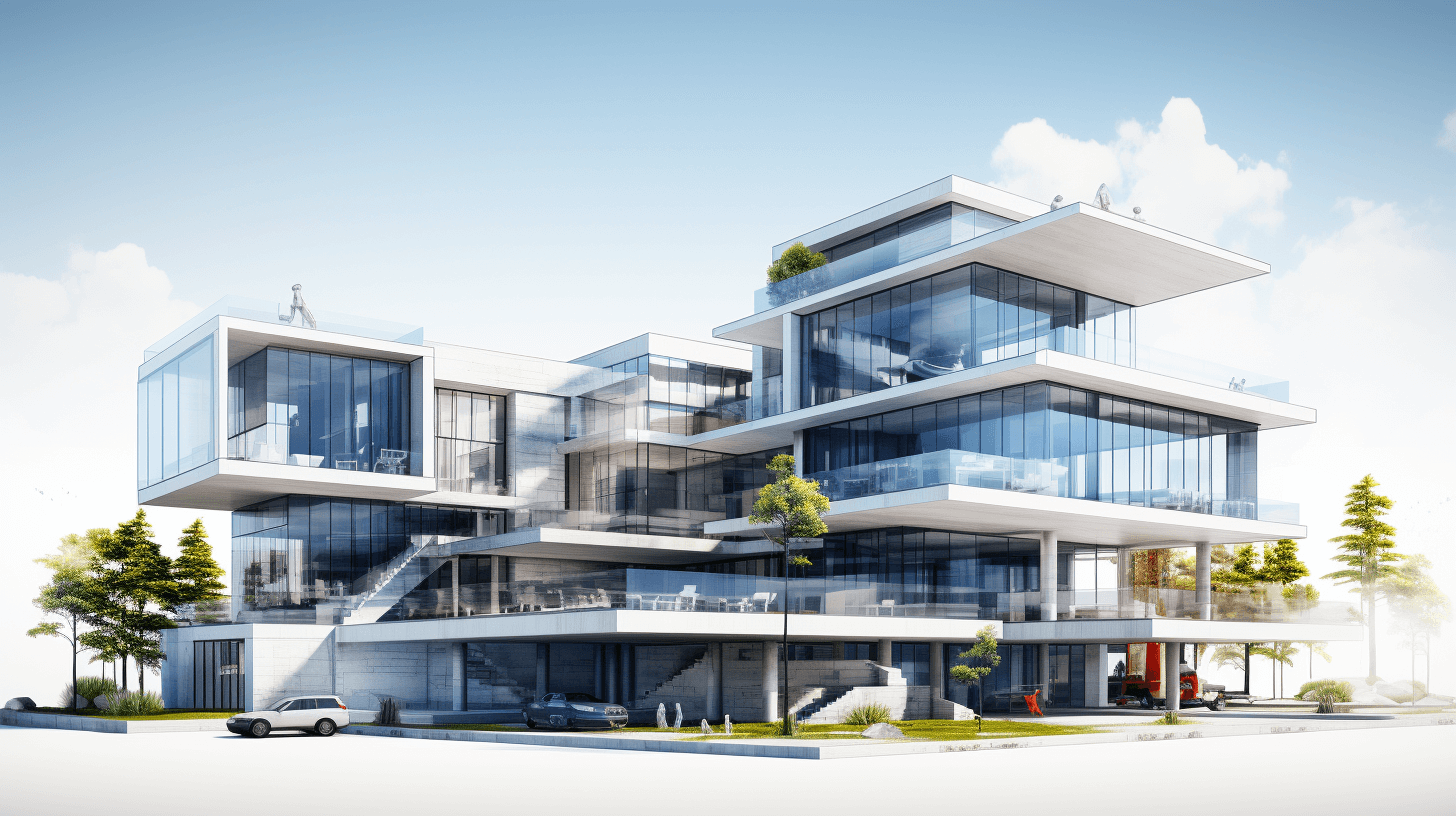 modern office building with a glass facade, three floors and a parking area on the ground floor, rendering in the architectural design style.