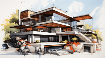 sketch of modern house architecture, large windows and balconies, rocky landscape with orange plants, white walls, wooden accents, detailed drawing, architectural rendering, high resolution, illustration, architecture sketch style, natural light, watercolor, architectural design, modern exterior, blue sky background, wood elements, glass roof, gray color palette, in the style of architectural rendering.