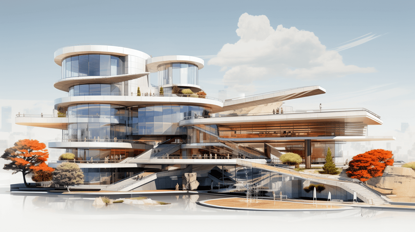 an architectural rendering of an office building with circular balconies, designed by [Zaha Hadid](https://goo.gl/search?artist%20Zaha%20Hadid) in the style of M hy computing and digital art, located on Lake Rhodes , octane render, conceptual design architecture