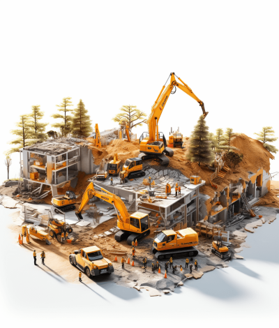 A construction site with many excavators and workers, building houses on the ground. The scene is rendered in high resolution, showcasing realistic textures of concrete walls being built, trees growing around it, and equipment such as bulldozers nearby. People wearing safety gear work at various angles to complete different tasks. White background.