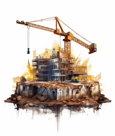 Illustration of a construction site with a crane and building against a white background, concept art in the style of rossdraws, digital painting in the style of atmospheric color washes with a painterly and detailed style, highly textured illustration.