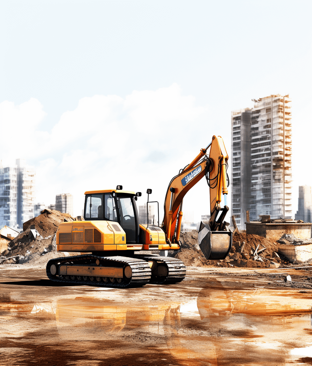 A yellow excavator is working on the construction site, with tall buildings in the background. The scene has a bright and sunny atmosphere, and dirt is flying around it. It creates an overall warm tone, giving people feelings of joy and vitality. The style is photorealistic in the style of high resolution photography.