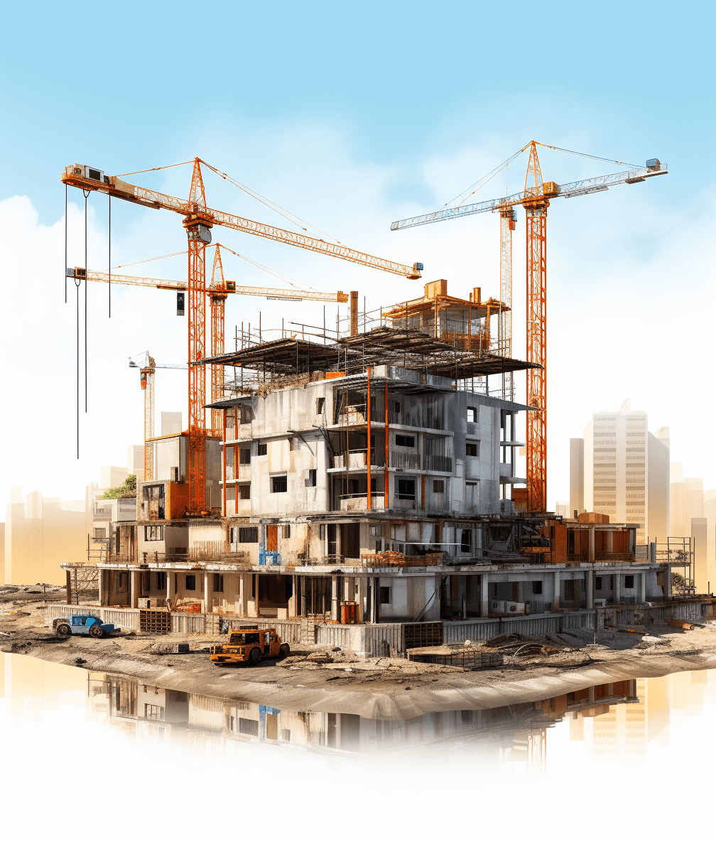 A realistic illustration of construction site with cranes and building under architecturall design, 3d render illustration, white background, high resolution, professional photograph, highly detailed, no watermarks, natural lighting, hyperrealistic, 80k HDR, sharp focus, no blur