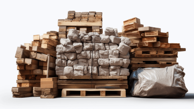 a pile of wood pallets and rocks, with large white plastic bags next to it, on the ground, on top is a stack made out of large wooden blocks, white background, photo realistic, high resolution,