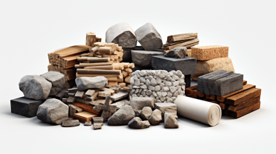 3d render of various types of construction materials, rocks and wood blocks, white background, isolated, ultra realistic photography