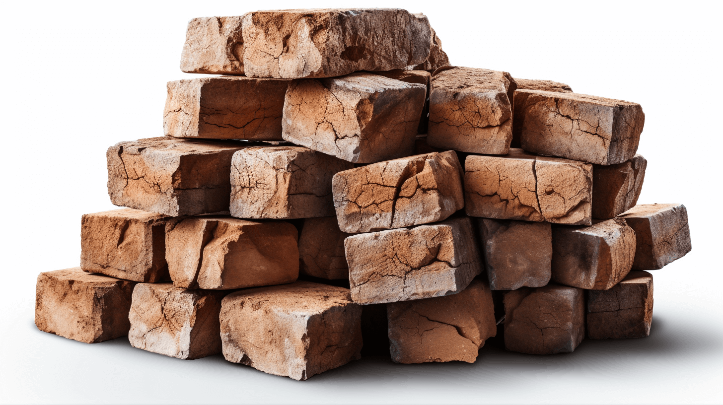 A pile of rough brown bricks piled up together, rendered in the style of [Zdzisław Beksiński](https://goo.gl/search?artist%20Zdzis%C5%82aw%20Beksi%C5%84ski) and in the photorealistic photography style, isolated on a white background with no shadows, a product shot with a 35mm lens.