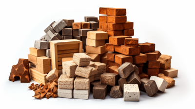 A pile of various types and sizes of bricks, some in shades of brown or gray, others with a more natural coloration. The brick pieces are arranged to form an abstract structure on the right side of a white background. There is one large wooden block among them that stands out from the rest.