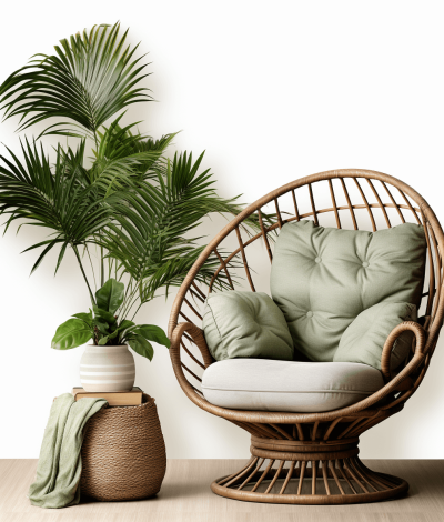 An wicker armchair with light green cushions, next to it is an elegant round wooden side table on which there is a vase of lush palm leaves. The background is white and the rendering is photorealistic and high resolution in the style of ultrarealism.