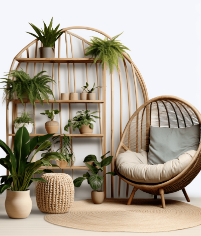 3D render of a cozy wooden and rattan round chair, an indoor plant shelf with pots, a wooden arched display unit, a white background, in an ultra realistic style.