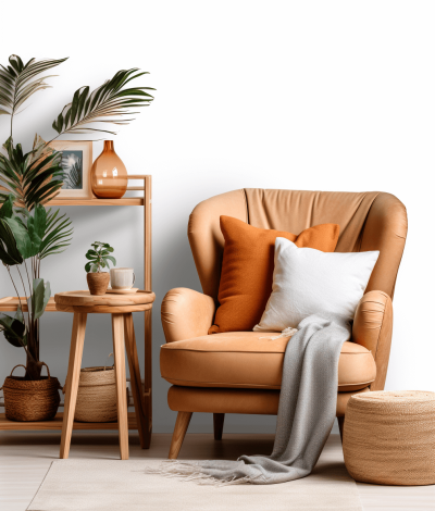 Modern living room with a comfortable leather armchair, a wooden side table and a potted plant against a white wall. A warm color palette of orange, beige and grey for a cozy home interior design.