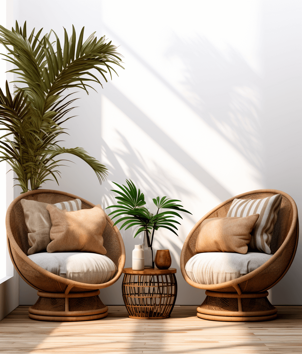 3D rendering of two rattan chairs with cushions and a small table between them. A potted plant is placed on the left chair, with sunlight casting shadows through an open window onto it. The background wall has a white color, creating a serene atmosphere in the style of home interior design.