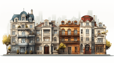 Illustration of a row of beautiful buildings against a white background in the vector art style, with simple yet detailed and elegant designs depicting a luxurious scene in high resolution with sharp focus and studio lighting, similar to the 3D render and concept art styles of Pixar, Disney, [Atey Ghailan](https://goo.gl/search?artist%20Atey%20Ghailan) and Draplin.