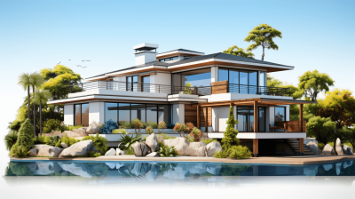 3d rendering of modern house with pool and garden on island isolated background,