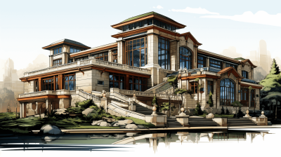 A beautiful mansion with a modern Chinese architectural style, overlooking the lake in front of it, a hand drawn illustration in the style of cartoon, high resolution, high details, high quality, high light, 2D game art, architecture, concept design, front view, perspective view.