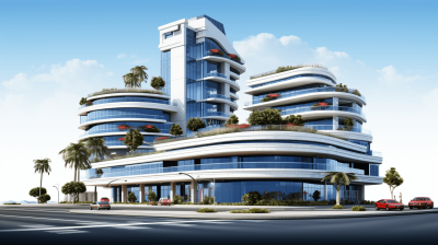 A modern office building in the center of PPROJECT, K#[2D render style graphic design, architecture concept art, rounded corner facade with terraces on different floors overlooking sea and palm trees, curved balconies for car parking. The exterior is covered by white stone slabs and blue metal panels that create an elegant look, The roof has lush green plants. A red Tadao And waged inspired brutalist tower stands tall above all other buildings around it, sunny day